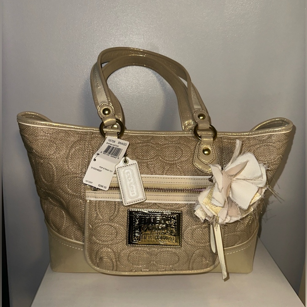 Coach Poppy Gold Straw Tote! NWT!